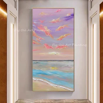 100% feito à mão com a natureza, oceano, mar roxo e azul à beira-mar oceano grande o tamanho de imagem da Pintura a Óleo da Varanda do Corredor Para a Sala de Arte