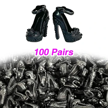 100 Pares /Set Sapatos da Moda, o Preto Sandálias Casuais sapatos de Saltos Para a Boneca Barbie Sapatos Acessórios Menina Bebê 1/6 Festa Boneca Brinquedos de DIY