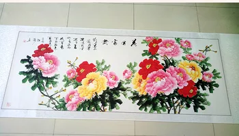 100% Pintado à Mão de ARTE da Empresa municipal Vestíbulo de PAREDE TOP pintura Decorativa CHINA Rica Peônia Flores FENG SHUI pintura grande