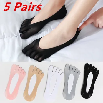 10Pcs=5Pairs Mulheres de Verão de Cinco Dedos Meias Ultra-fino Barco Socks Engraçado Dedo Invisível de Meia de Silicone antiderrapante Veludo Meias