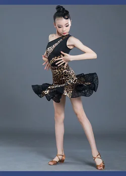 1pcs/lote crianças sexy um ombro leopard dança latina vestidos de meninas menina de vestido mostrar o desempenho chacha dança dresss