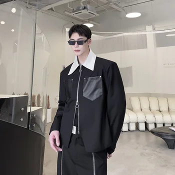 2022 Outono estilo coreano de couro do PLUTÔNIO de design de bolso jaquetas casuais dos homens soltos de cores misturadas gola de casaco de homens,M-XL