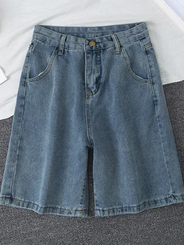 2022 Verão As Mulheres De Cintura Alta Azul De Perna Larga Shorts Jeans Casual Feminino Sólido Streetwear Stright Jeans Bermudas