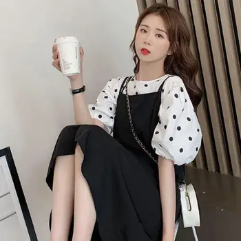 2023 Moda Verão feminina coreano Edição Meninas de Estilo Solto Pontilhada Superior Magro Vestido de Alça de Duas peças de Vestidos Conjunto de High-End Desig