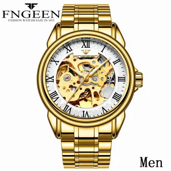 2023 Novo FNGEEN 8866 de Aço Inoxidável do Relógio Mecânico Moda Esqueleto de Discagem Romano Escala Mens Relógios Para Homens Reloj Hombre