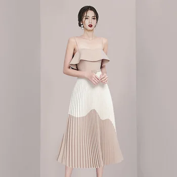 2023 Verão de Novo Prémio de Design de Moda Popular Vestido cáqui Plissado Suspender Babados comprimento Médio Vestido das Mulheres