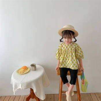 2023 Verão Nova Versão Coreana De Crianças Roupas De Bebê Meninas Tees O-Pescoço Polka Dot O-Pescoço Crianças Tops De Algodão Vestido De Princesa
