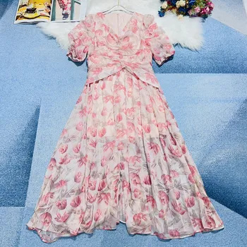 A primavera E o Verão 2023 Mulher WearChic cor-de-Rosa Elegante Vestido Floral 0319