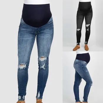 As mulheres de Cor Sólida Calças Jeans Buracos Ripped Jeans Elasticidade Cintura Solta Tornozelo Moda Slim Calças Mãe de Barriga de Apoio Calças штаны
