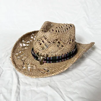 Bt21 chapéu de cowboy cáqui nova cor de cowboy do chapéu de palha no corte manual da viseira de sol do chapéu, chapéu de abas largas