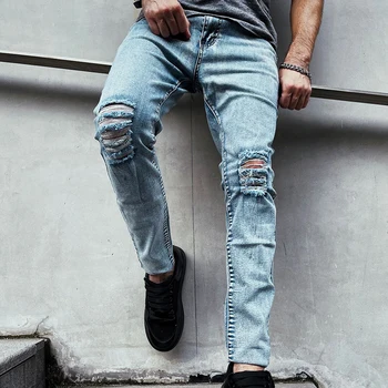 Buraco Trecho moedas de um Centavo de Comércio exterior Homens Slim Fit Jeans Nova Joelho Moda Casual Street Wear Calças