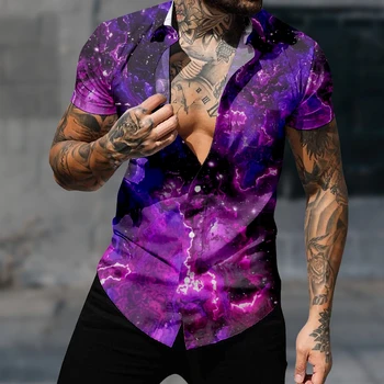 Casual Camisa Havaiana Para a Moda masculina do Espaço de Cor de Tie-Dye Streetwear Harajuku Impressão 3D Aconchegante Manga Curta Roupas de Praia