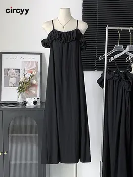 Circyy Vestido para as Mulheres, Vestidos de Preto Damasco Spaghetti Strap Plissado Barra Pescoço Designer 2023 francês Doce Vestidos