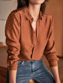 EOS100% Seda 2023 Verão as Mulheres de Bolinhas Vintage Clássico colar Vintage Elegante Camisas de Alta Quaity Blusa Tops Camisa