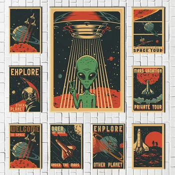 Espaço Planeta Foguete Astronauta Estrelas Arte De Parede De Papel Kraft Cartaz E Impressões De Parede Fotos De Decoração De Quarto