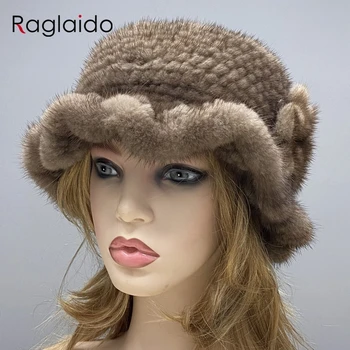 Inverno Peles, Chapéus para Mulheres Fedoras Floral de malha Quente Headwear Natural de Peles de Vison Chapéu de Balde
