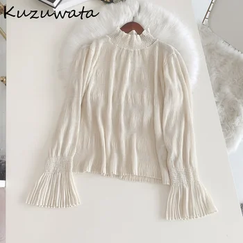 Kuzuwata 2023 Outono Inverno Novo Doce De Moda As Mulheres Tops Suporte Colarinho Longo Queimado Manga Sólido Camisas De Toda A Correspondência Plissado Blusas