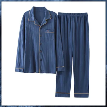 L-4XL Azul de Algodão 2PCS Pijama Terno de Homens, Primavera, Outono Tamanho Grande Casa de Desgaste Ocasional Vire para baixo de Gola de Dormir Solta Sleepwear
