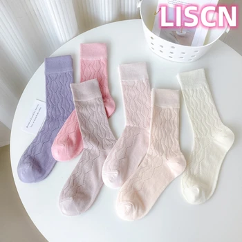 LISCN 2023 Novo Simples, de Renda baixa e Jacquard de Meias Coloridas Respirável Fina Tripulação de Lotação Para as Mulheres de Verão Meninas Cueca coreano Moda