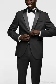 Moda Homens Negros Casamento Smoking Slim Fit, Um Botão De Baile Fatos De Homem De Partido Mancha De Pico Lapela Do Paletó (Casaco+Colete+Calça)