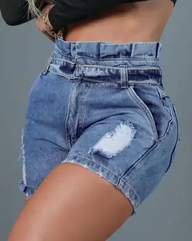 Mulheres Shorts Jeans 2023 Moda Verão Saco de Papel Cintura Rasgado com cinto Casual Magro Diário Design de Bolso Shorts Jeans Streetwear