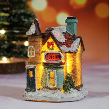 Natal Casas de Aldeia, com Warm White LED Light, DIY Resina Casa Pequena Bateria Operar Natal Ornamnet para a Casa o Natal Decoração