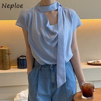 Neploe Coreano Chique Blusa Mulheres 2023 Verão Francês Temperamento Atmosfera Blusa Streamer Design Pilha Gola Solta Fina Camisa De