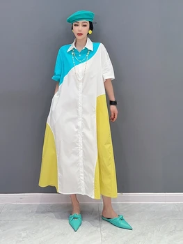 Nova coleção primavera/verão 2023 mulheres de vestido gola POLO de correspondência de cores de longa camisas com mangas curtas, soltas grandes estaleiros confortável moda