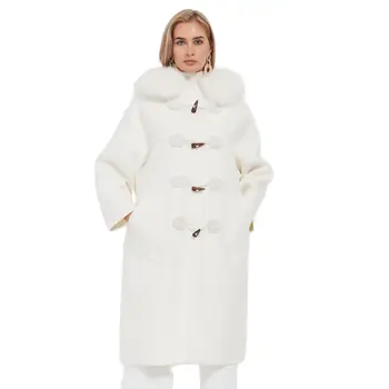Pudi Mulheres Fur Real Jaqueta casaco Feminino Senhora Lã, Misturas de Pele de Raposa Casacos com Capuz Casacos de Longa Vala CT119