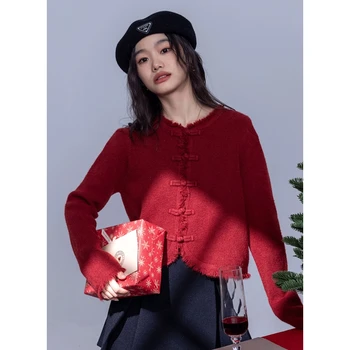 Roupas femininas Vermelho Suéter de Borlas Outerwear coreano Moda de Lazer Vintage Preguiçoso Vento de Inverno Curto Casaco de Tricô