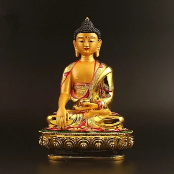 Super Grande 21cm Chapeamento de Ouro Colorido Tibetano Tranic Três Preciosa Estátua de Buda Shakyamuni Estatueta Colocando Decoração