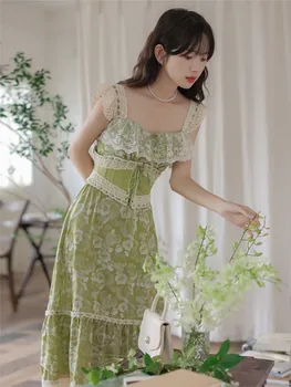 Verde Elegante Festa Elegante Midi Vestidos De Mulheres Do Laço França Vintage Correia Fairy Dress Flor Retro Estilo Coreano Vestido De Verão 2023