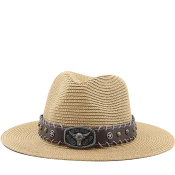 Verão as Mulheres Chapéus de Sol dos Homens chapéus de Palha Com Cowhead Chapéu de Bandas Vintage Praia de Chapéus Panamá Chapeu Feminino Fedoras Jazz