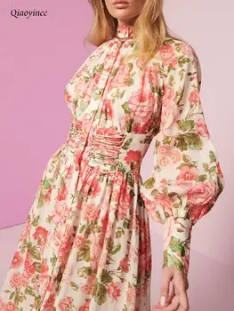 Vestidos Vintage Para Mulheres Floral Impressão Reunidos Cintura Patchwork Stand Colarinho Puff Manga Breasted Único Vestido Feminino Novo