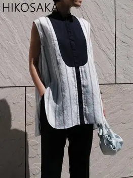 Vintage Contraste De Cor De Camisa Listrada Stand Colarinho Sem Mangas Elegante Suburbano Blusa De Verão Japoneses Elegante Protetor Solar Top De Senhora