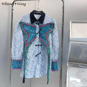 WHITNEY WANG, Designer de Estilo 2023 Primavera de Moda Streetwear Lantejoulas Beading Grande Borboleta 3D Blusa Mulheres Elegantes Camisa