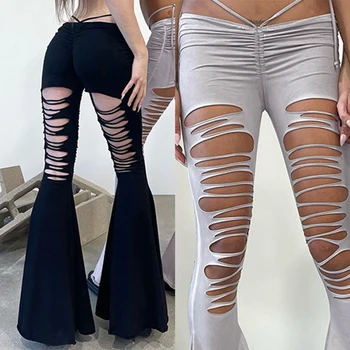 Y2K Mulheres Sexy Flare Pants Moda Cor Sólida Cordão Plissado Calças de Senhora Casual Street Buraco Hollow Slim Calça 2023 Verão